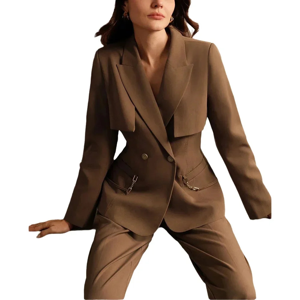 Professional Women's Suit High Quality Two Pieces Peaked Lapel Solid Color Double Button Female Formal Clothes Lady Sets