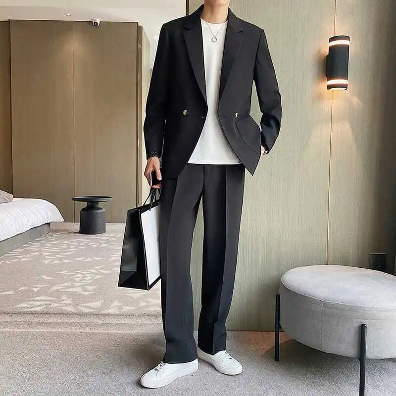Men's Spring Autumn Casual Blazer Set Korean Slim Fit Lightweight Loose Smart Chic Suit Jacket Fashion Trendy Top