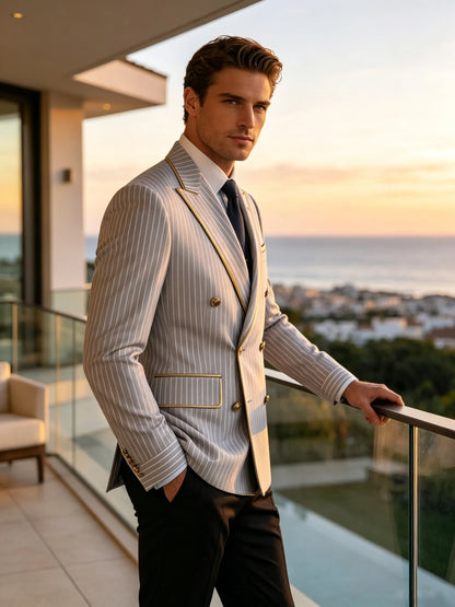 Pinstripe Double Breasted Peak Lapel Mens Suit Jacket Business Slim Fit Gold Trim Striped Coat Formal Wedding Prom Banquet Party