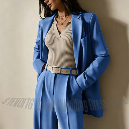 Dusty Blue Women Suits Casual Loose Single Breasted Blazer Pants 2 Piece Minimalist Fashion Office Daily Wear Outfit Set