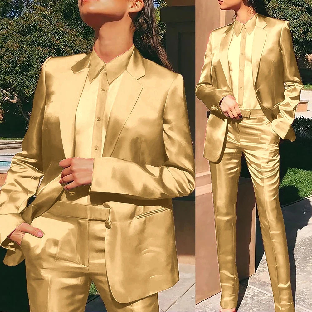 Women’s Red Satin Suit 2 Piece (Jacket+Pants) Set Gorgeous Single-breasted Blazer for Evening Party Formal Cocktail Streetwear
