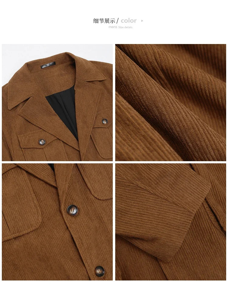 Autumn Winter Corduroy Medium Long Hunting Jacket Men's Fashion Thick Suit Jacket Casual Business Blazers Social Streetwear 2025