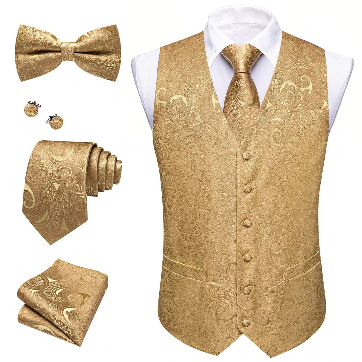 Men's Jacquard Suit Vest Set with Tie, Bow Tie, Pocket Square & Cufflinks – Wedding & Formal
