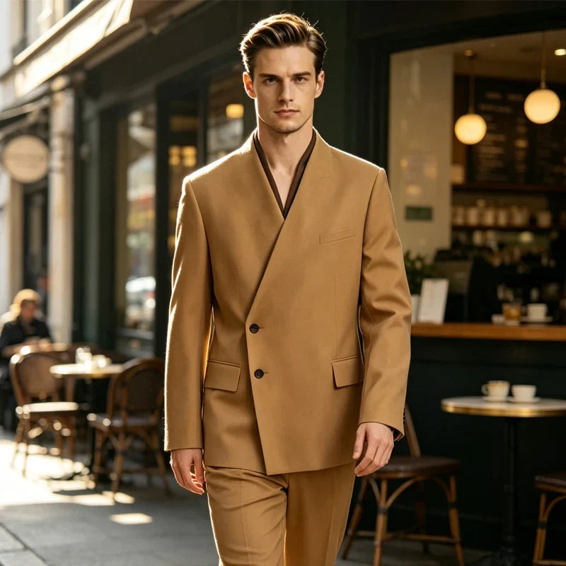 Men's 2-Piece Suit No Lapel Cross V-Neck Loose Blazer & Trousers – Wedding & Formal Occasions