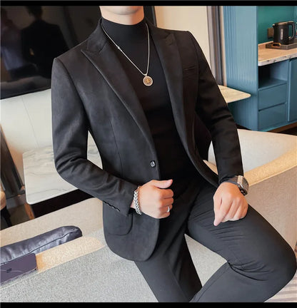 2024 Autumn Winter Men's Suede Suit Jacket High End Business Casual Blazers Slim Fit Wedding Groom Street Wear Social Dress Coat