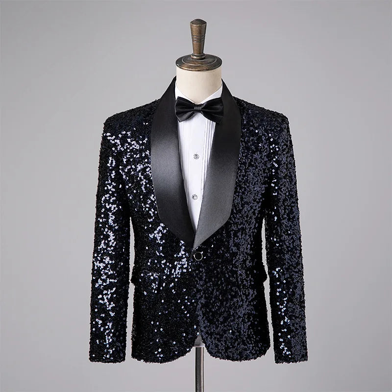 Men's Fashion Slim Fit Sequin Suit Jacket Shawl Formal Lapel Tuxedo Wedding Banquet Host Singer Nightclub Bar Stage Performance