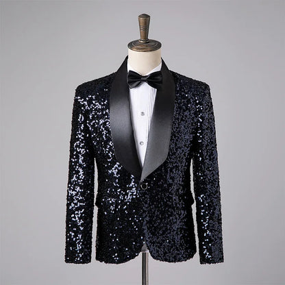 Men's Fashion Slim Fit Sequin Suit Jacket Shawl Formal Lapel Tuxedo Wedding Banquet Host Singer Nightclub Bar Stage Performance