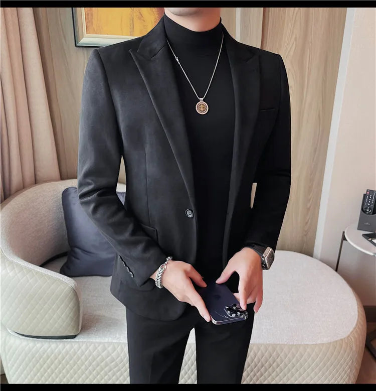 2024 Autumn Winter Men's Suede Suit Jacket High End Business Casual Blazers Slim Fit Wedding Groom Street Wear Social Dress Coat