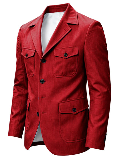 Men's Linen Safari Blazer Four Flap Pockets Slim Soft Jacket Casual Business Coat For Street Outdoor Vacation Party Daily Travel
