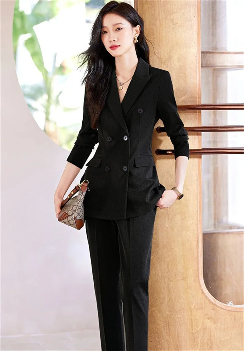 2025 Button Decoration Formal Jacket Blazer and Trouser 2 Piece Set Fashion Pink Green Black Ladies Work Wear Pant Suit Women