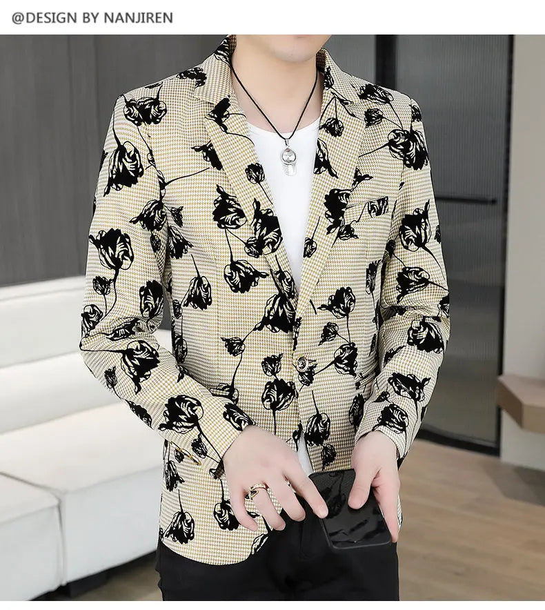 Blazer: Outdoor Fashion Business Gentleman Print Wedding Host Campus Slim-fit Casual Korean-style Youthful Versatile Men Blazer