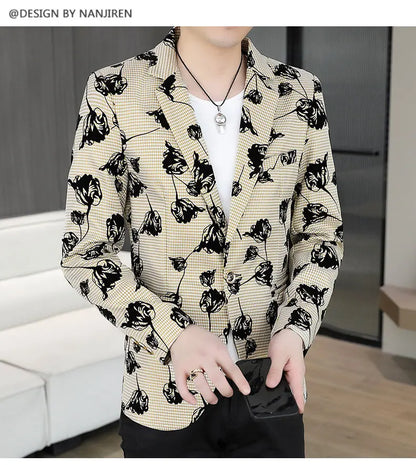 Blazer: Outdoor Fashion Business Gentleman Print Wedding Host Campus Slim-fit Casual Korean-style Youthful Versatile Men Blazer