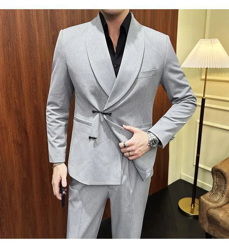 (Jacket+Pants) Vintage Luxury Chinese Style Suit Fashion Men High-end Elegant Business Social Wedding Dress Suit Tuxedo 2Pcs Set