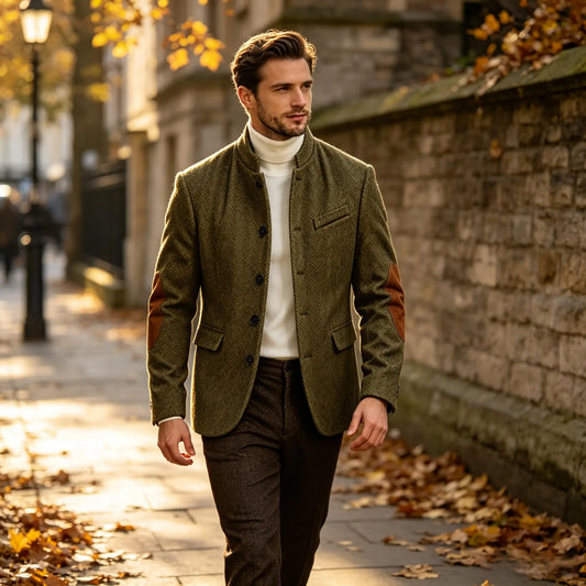 Men Herringbone Tweed Stand Collar Blazer Slim Fit Jacket Elbow Patches Vintage Business Autumn Winter Casual Gentleman Outfit