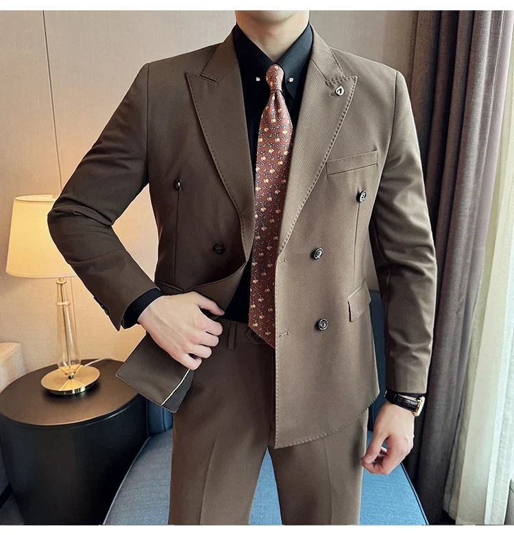 Men's Double Breasted Slim Fit Suit Set – Wedding & Smart Casual – Navy Blue, Brown, Black