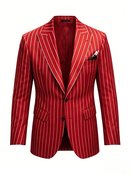 Men's Luxury Red Vertical Stripe Suit Jacket, Vintage Slim Fit Pinstripe Tuxedo Blazer, High-End Avant-Garde Formal Wedding Groo