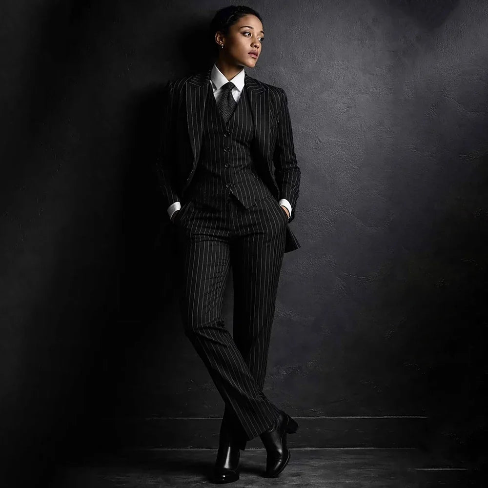 Unignorable Timeless Women Black Pinstripe 3 Piece Suit Sharp Blazer Vest Pants Set Office Business Formal Powerful Outfit