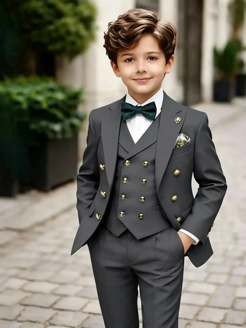 3 Pieces Boys Homecoming Suit Set 3 Pieces Banquet Party Wear Classic Peak Lapel Kids Slim Fit Tuxedo Wedding Ring Bearer Outfit