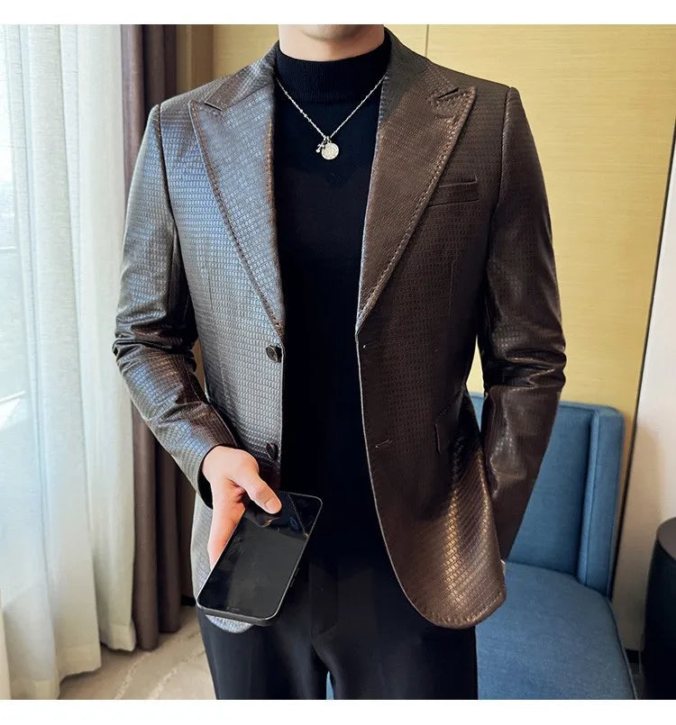 Korean Waffle Leather Suit Jacket Men's Business Casual PU Leather Blazer Slim Fit Wedding Groom Office Social Formal Coats 2026