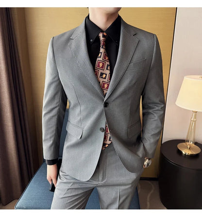Men's bird's eye pattern high-end craftsmanship summer thin suit set, two-piece wedding banquet business casual suit