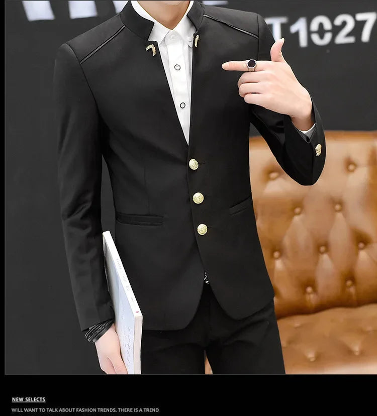 2024 Spring New Men's Stand Collar Casual Suit Jackets Youth Fashion Solid Color Stitching Three Button Mens Blazer Coats