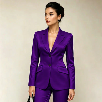 Professional Women’s Black Satin Suit Two Piece (Jacket+Pants) Set for Elegant Formal Party Office Streetwear Fashion Outfit