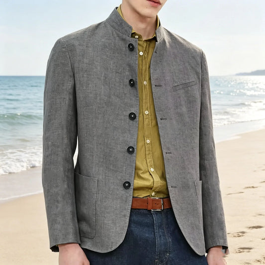 Blazer Men's Mandarin Collar Linen Blend Slim Fit Summer Formal Jacket for Business Casual