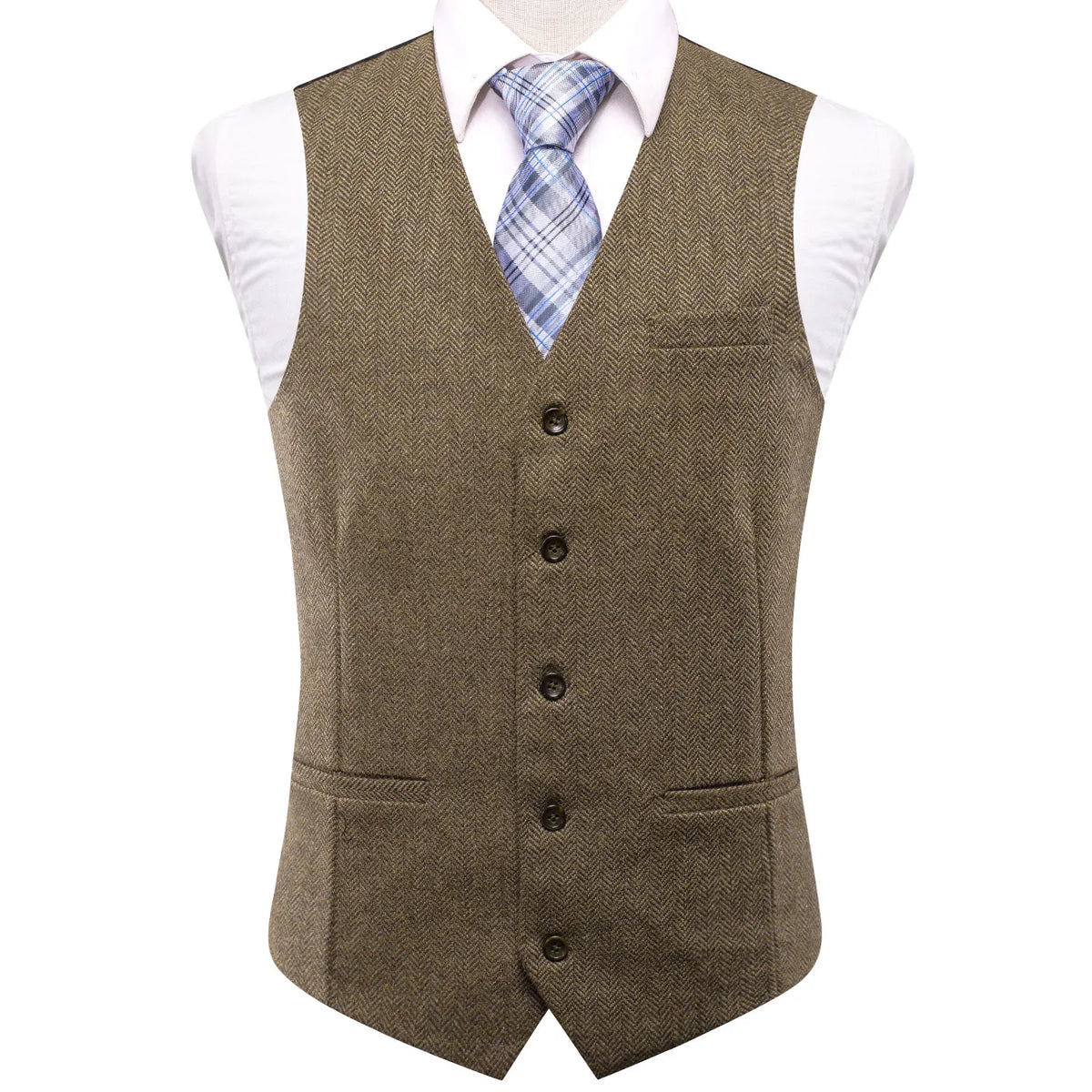 Men's Suit Vest Herringbone V-Neck Single Breasted Brown Green Banquet Wedding