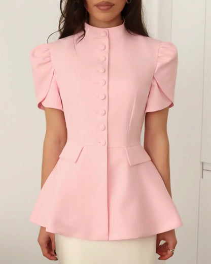 Women's 2025 Autumn New Fashion Fashion Blazer Jacket Stand Collar Button Front Solid Color Slim Fit Short Sleeve Waist Design
