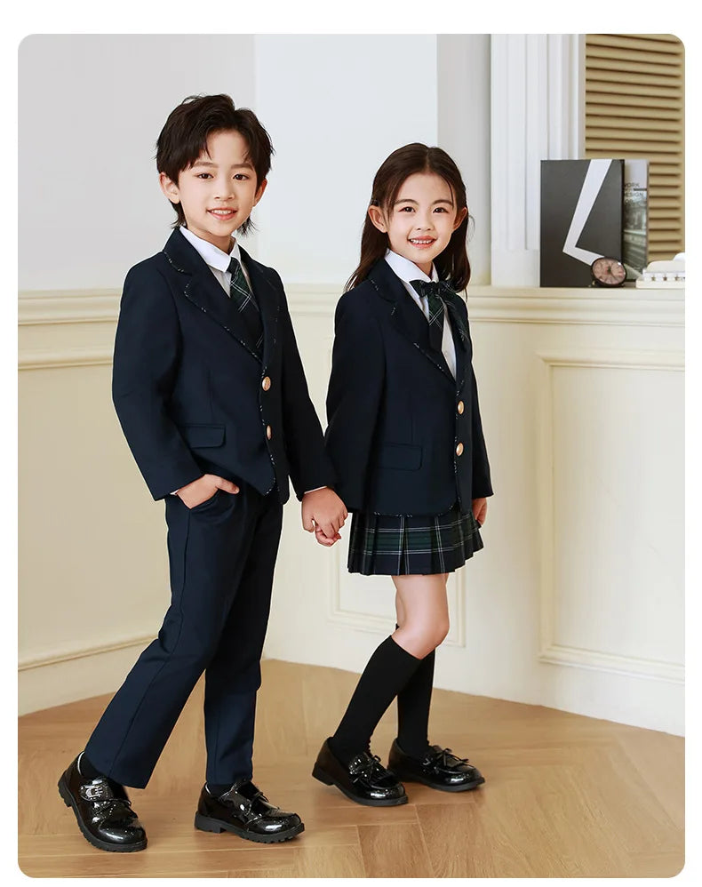Children British School Uniforms Girls Preppy Jacket Pleated Skirts Boys Blazers Pants Suits Kids Teenage Student Clothes Sets