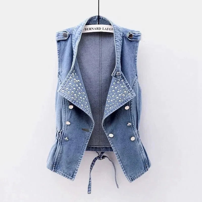 2025 Femme Cowboy Vest Outwear Spring Women Fashion Large Size 5XL Denim Waistcoat Coat Ladies Double-breasted Sleeveless Jacket
