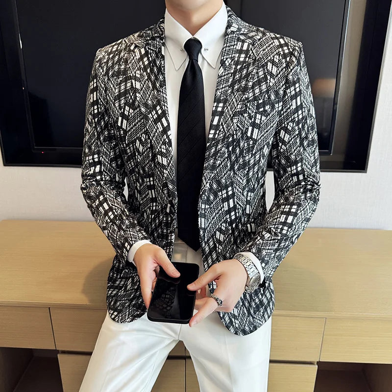 Korean Slim Fit Casual Suit Jacket for Men Fashion Camouflage Business Social Blazers Wedding Streetwear Dress Coat Men Clothing