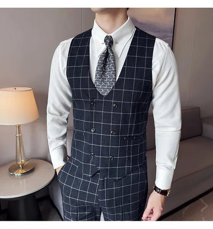 Men's 3-Piece Slim Fit Plaid Suit – Jacket, Vest & Pants for Weddings, Office & Formal Occasions