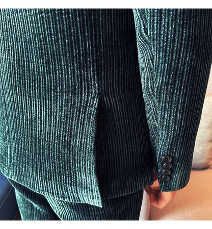 ( Jacket+Pants) Men Corduroy Suit Two-Piece Set High Quality Italian Style Business Suit Luxury Men Formal Wedding Groom Tuxedos
