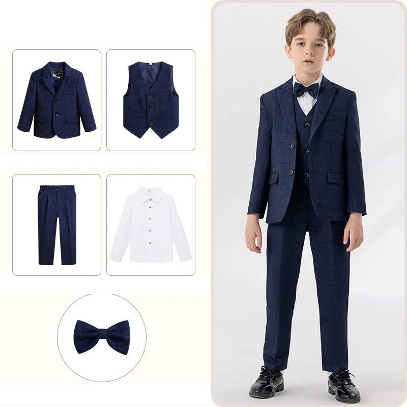 Children Navy Blue Spring 4Piece/Set Jacket Vest Pants Bowtie Piano Dress Kids Ceremony Photograph Suit Boys Performance Costume