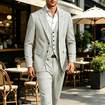 Men's 3-Piece Pinstripe Suit – Slim Fit Notched Lapel Blazer, Vest & Trousers for Wedding & Business