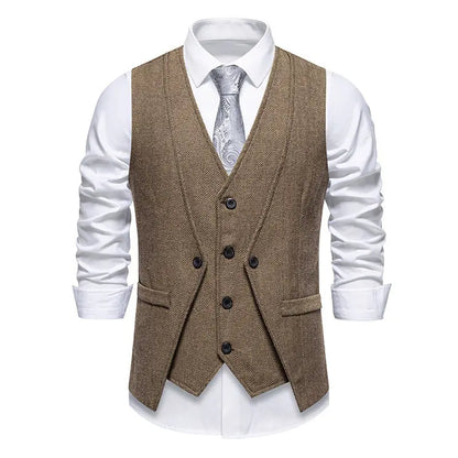 Men's Triple-Breasted Herringbone Tweed Vest – Retro Fake Two-Piece Waistcoat for Weddings & Smart-Casual Occasions