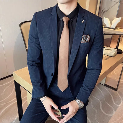 7XL 6XL(Jacket+Pant）Fashion Striped Men Slim Fit Suit Groom Wedding Tuxedo Formal Business Party Slim Fit Social Stage Costume