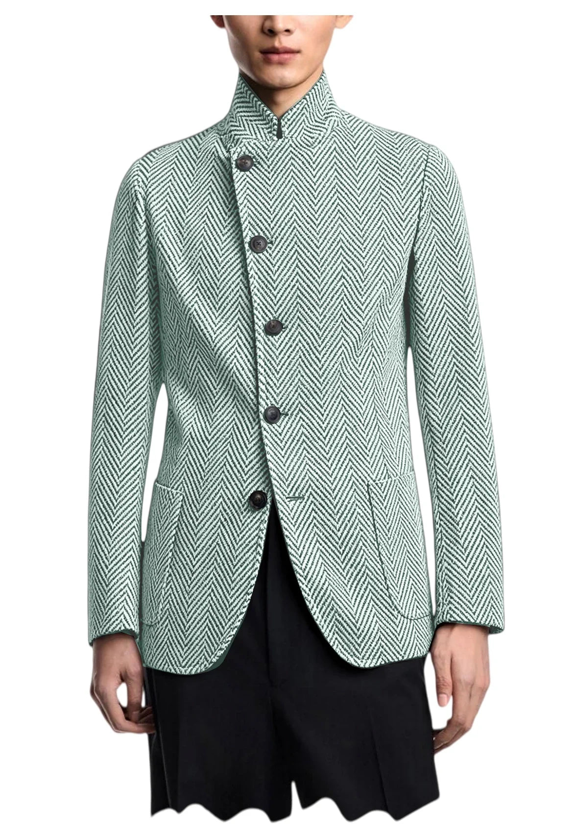 Men's Herringbone Tweed Blazer Stand Collar Slim Fit Business Casual Suit Jacket Spring Daily Commute Lightweight Sport Coat