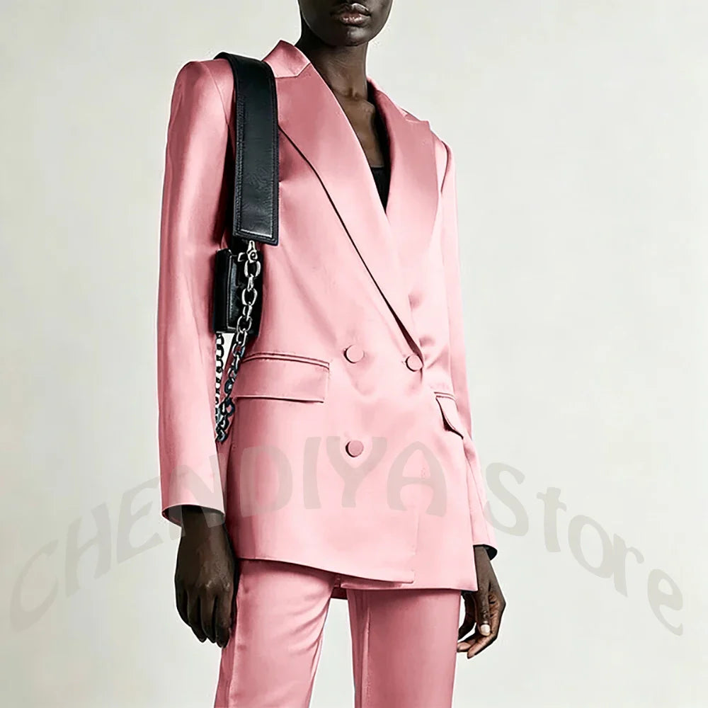 Tailored Business Attire Women Suit Elegant Satin Pink Peaked Lapel Slim Double Breastde Outfit Two Piece Office Work Female Set