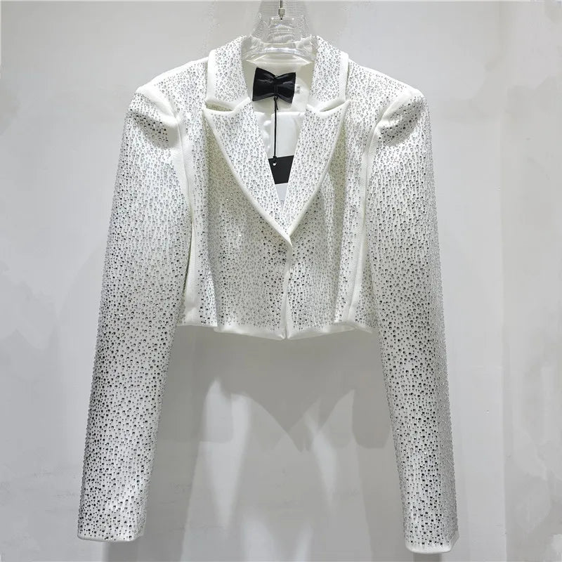 Women Short Blazer Trend Heavy Diamonds Shoulder Pad Design Niche Stylish Elegant High Street Long Sleeve Suit-Coat HK26338