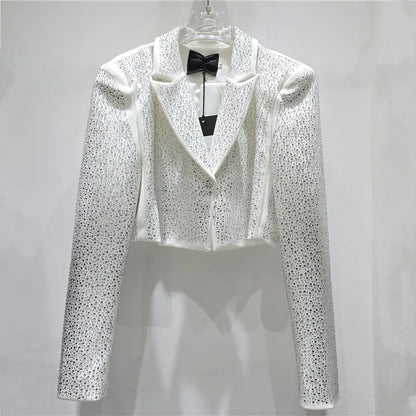 Women Short Blazer Trend Heavy Diamonds Shoulder Pad Design Niche Stylish Elegant High Street Long Sleeve Suit-Coat HK26338