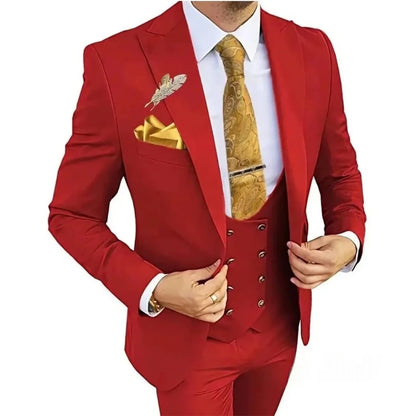 3 Piece Slim Fit Men's Suits Double Breasted Gold Button Blazer Vest Pants Set Wedding Formal Wear for Groomsmen