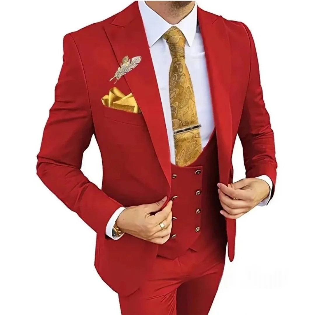 3 Piece Slim Fit Men's Suits Double Breasted Gold Button Blazer Vest Pants Set Wedding Formal Wear for Groomsmen