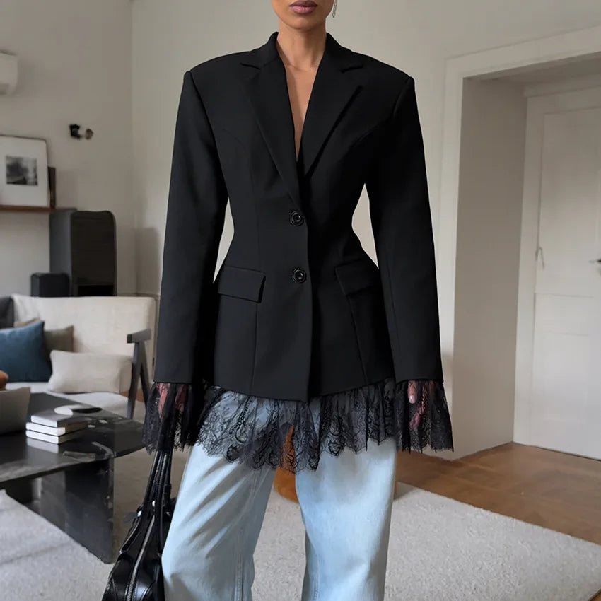 Elegant Black Lace Splice Long Sleeve Women's  Commute Style Fashion Design Polyester Fabric Business Casual Coat