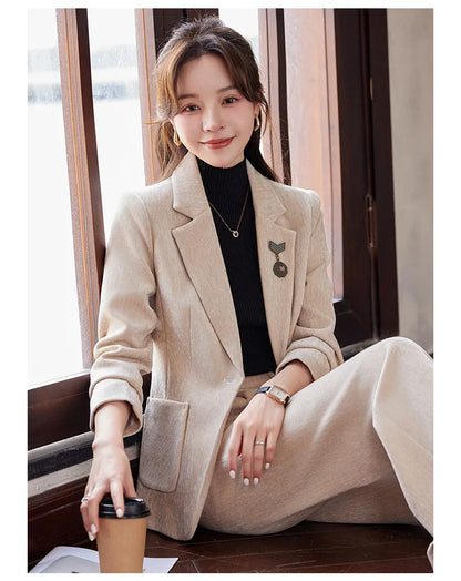 2024 Autumn New Corduroy Elegant Pant Suit Ladies Formal Business Work Wear 2 Piece Set Black Coffee Jacket Blazer And Trouser
