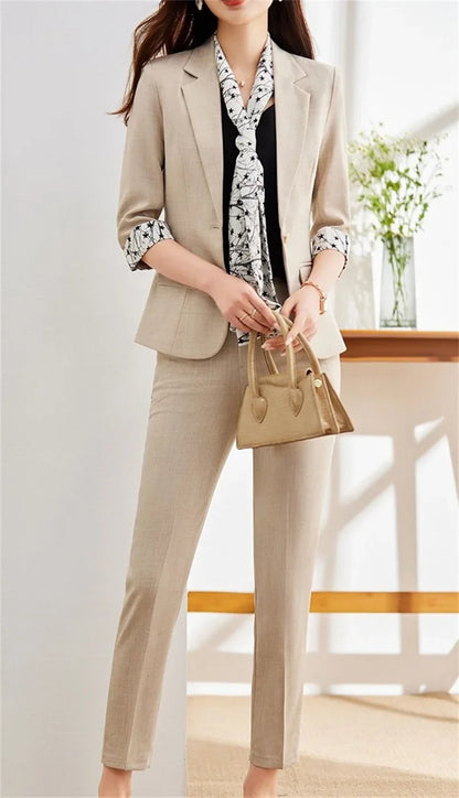 Office Lady Blazer Suits Elegant Women Tied Waist Top and Pant 2 Piece Set Outfit 2025 Trouser Female Business Work Wear