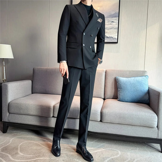 Brand Two-piece Suit for Men British Style Double Breasted Casual Business Suit Blazer Trousers Office Party Prom Wedding Suits