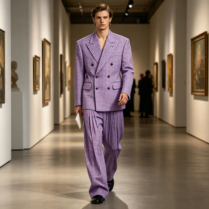 Men's Thin 2 Piece Suit Double Breasted Peak Lapel Blazer Wide Straight Leg Pants Summer Formal Set For Wedding Party