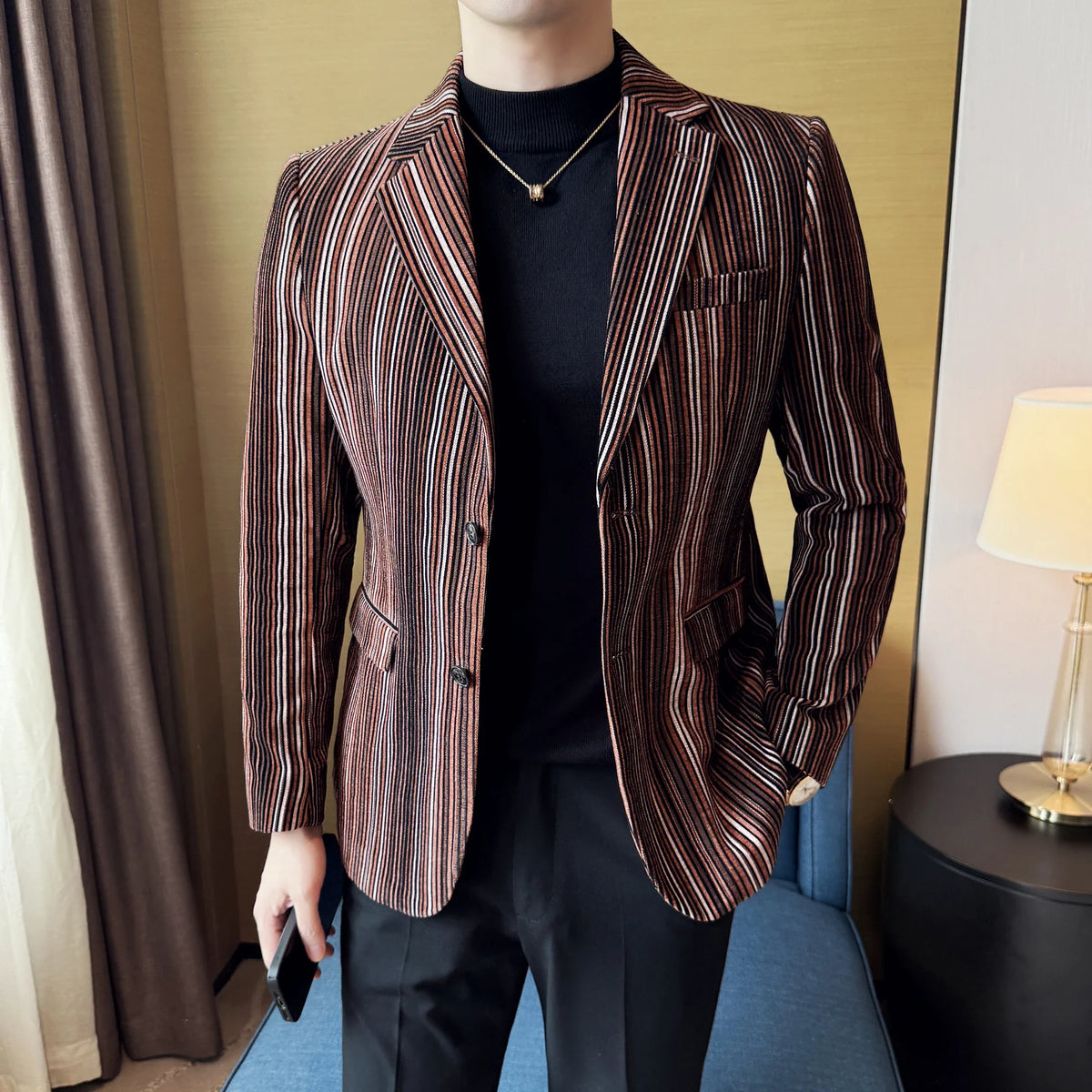 High Quality Plush Striped Fashion casual Suit Jacket Autumn Winter New Men Slim Fit Business Formal Social Prom Party Tuxedos